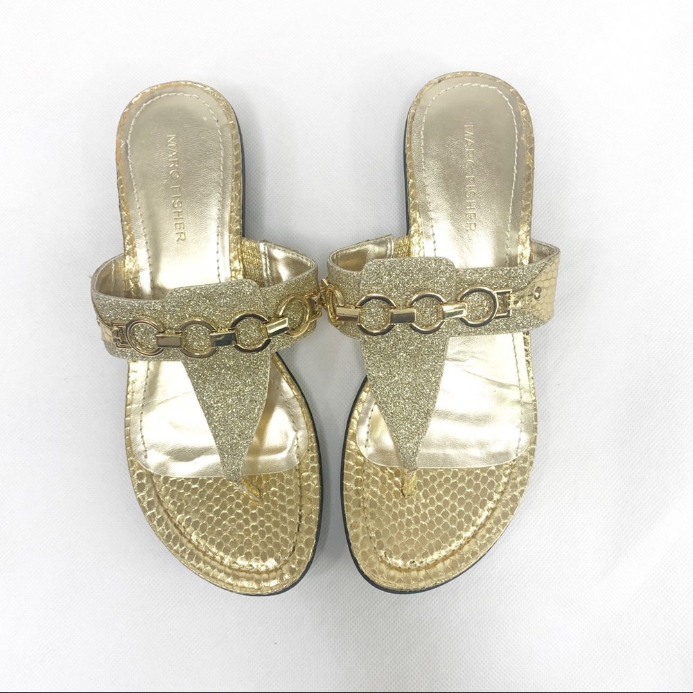 MARC FISHER Gold Glitter Flip Flop Sandals 8